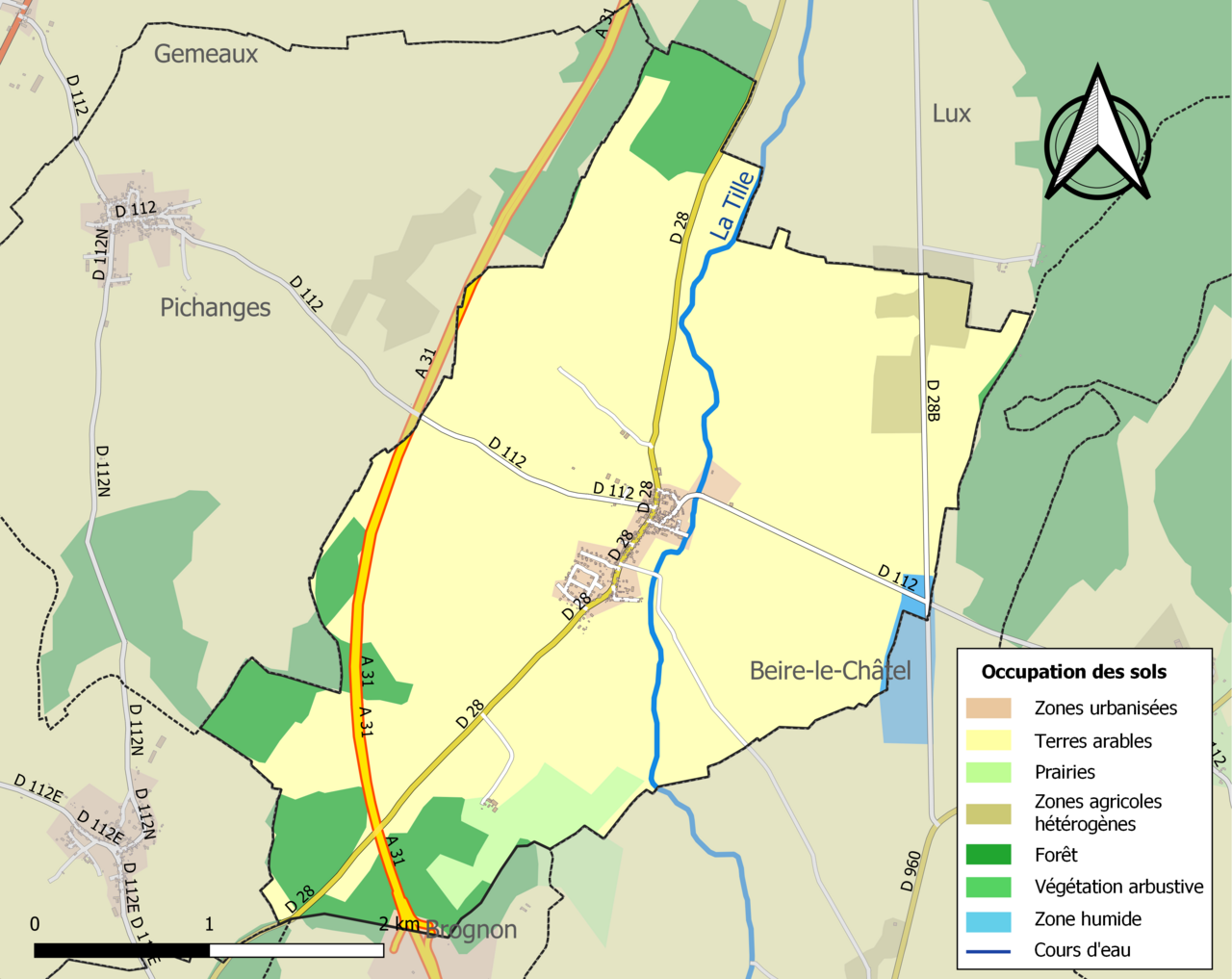 Carte des infrastructures et de l'occupation des sols de la commune en 2018 (CLC).